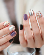 Gilded Warm Brown & Mirror Gold Handmade — press-on nails worn on hand, alternate angle