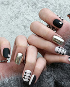 Black and White Tweed — pink press-on nail set, full set view