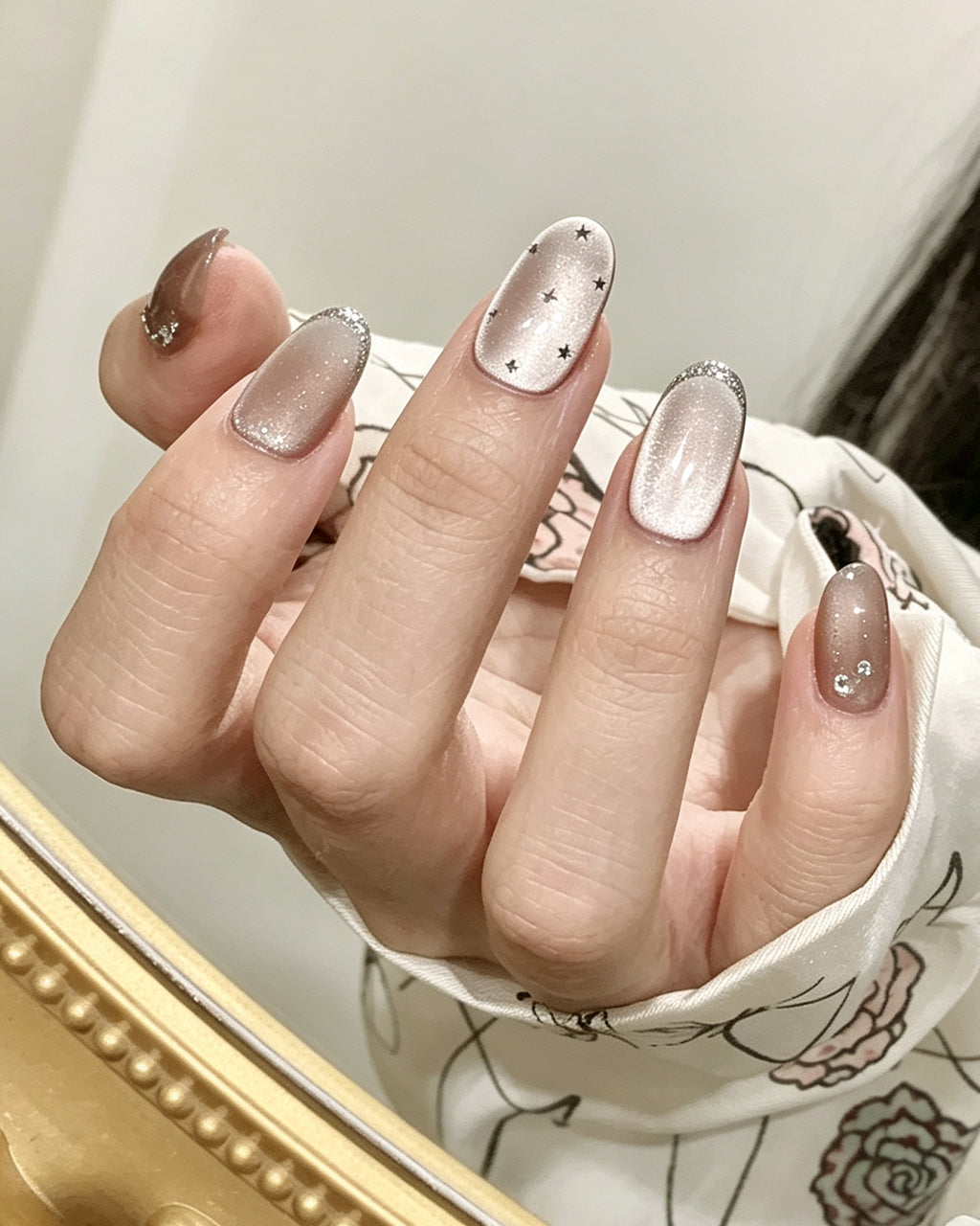 Mist Shrouds Camellia — press-on nails worn on hand, alternate angle