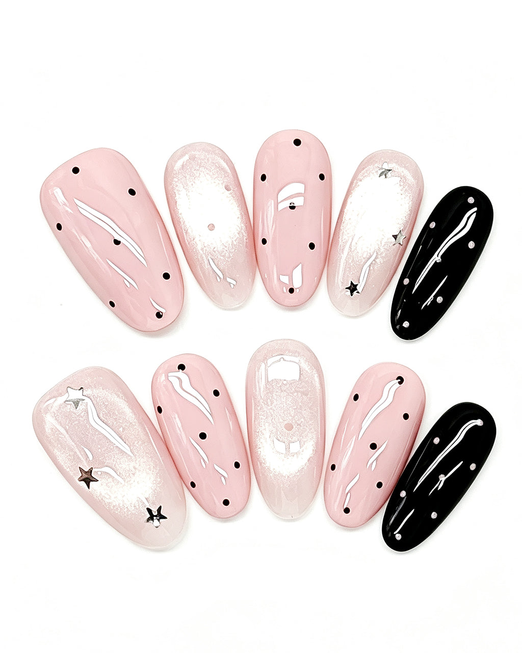 Parisian Girl | Pink & Black Polka Dot Handmade — press-on nail set, product detail view