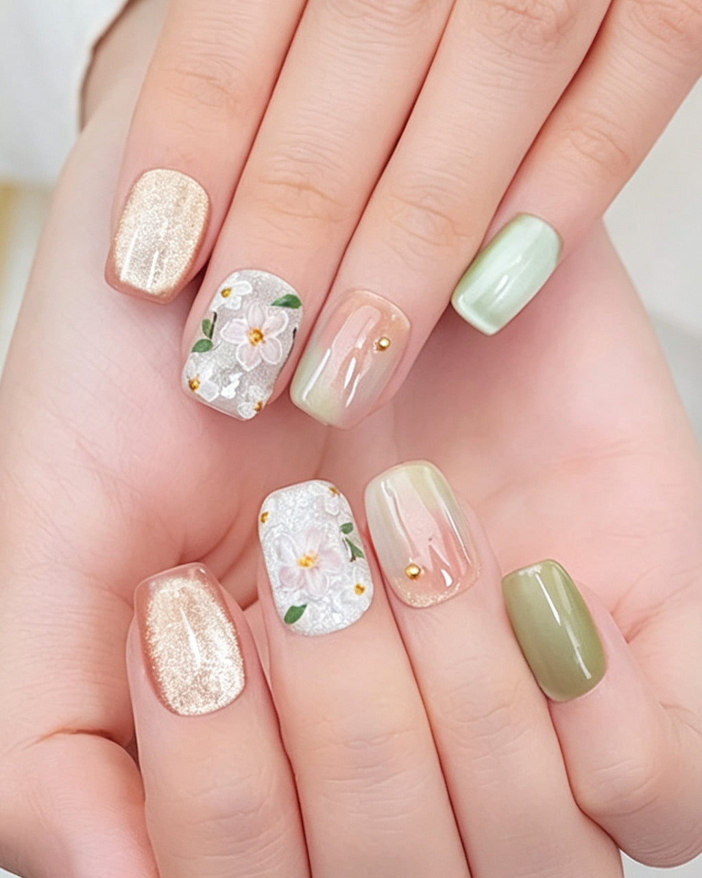 Jasmine Peach — press-on nails worn on hand
