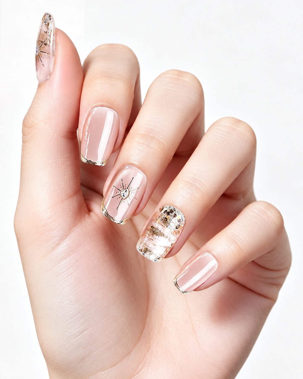 Star Trail — press-on nails worn on hand, close view