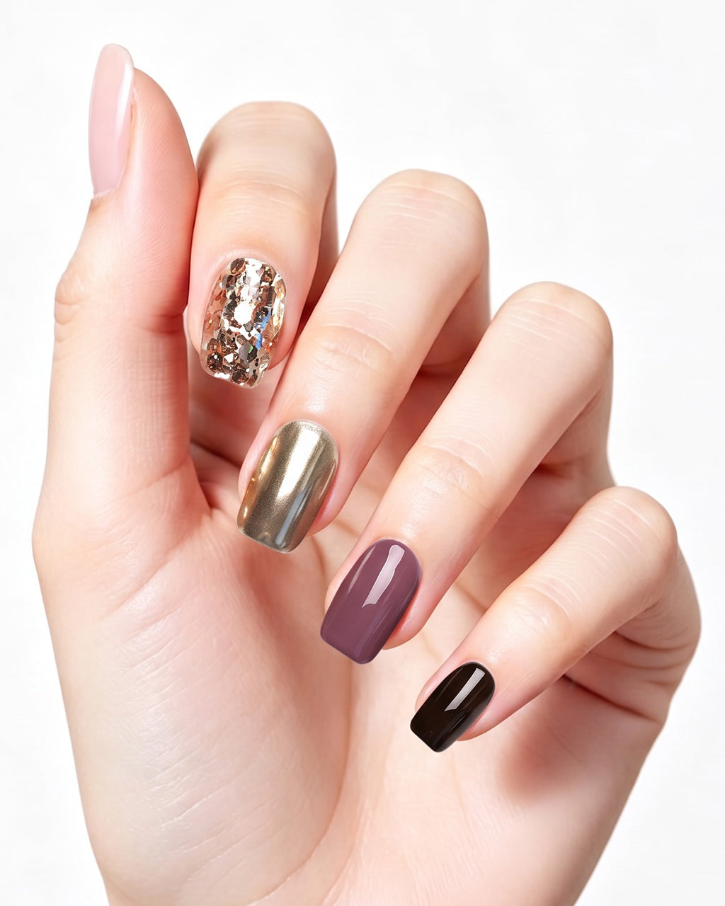 Gilded Warm Brown & Mirror Gold Handmade — press-on nails worn on hand, close view
