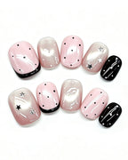 Parisian Girl | Pink & Black Polka Dot Handmade — press-on nail set, full set view