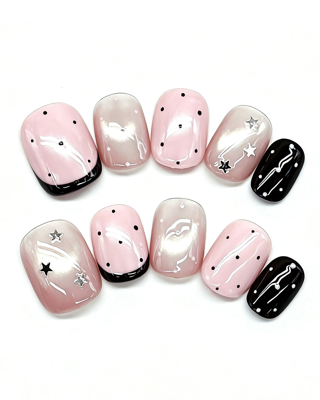 Parisian Girl | Pink & Black Polka Dot Handmade — press-on nail set, full set view