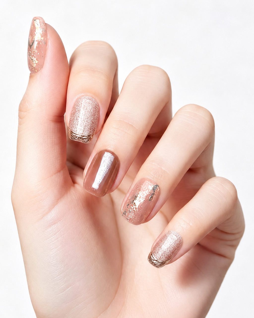 Blossom Peach | Nude Pink Cat Eye & Gold Foil — press-on nails worn on hand, close view