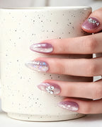 Lavender Lilac Cat Eye — press-on nails worn on hand, close view