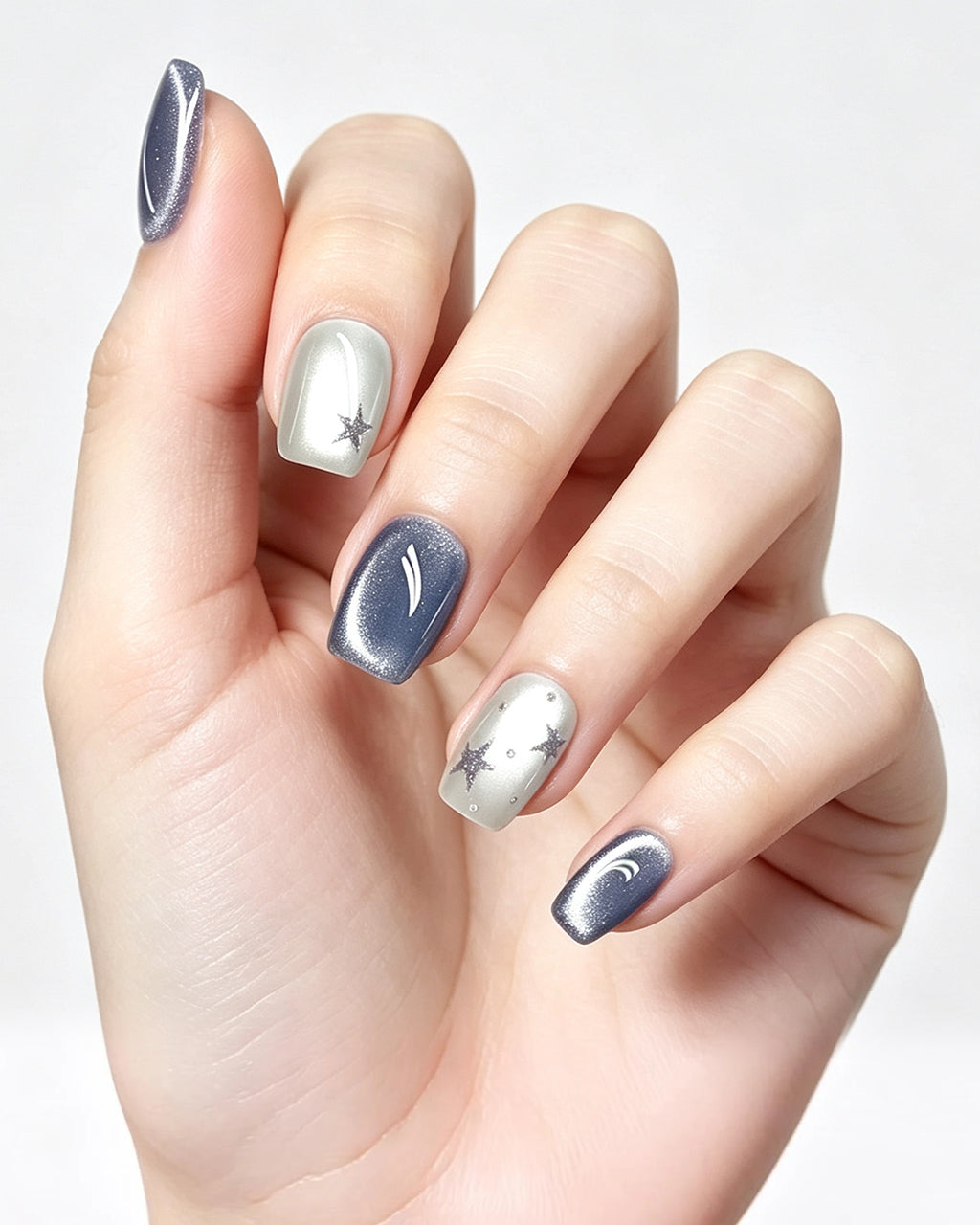 Star Flecks — press-on nails worn on hand, close view