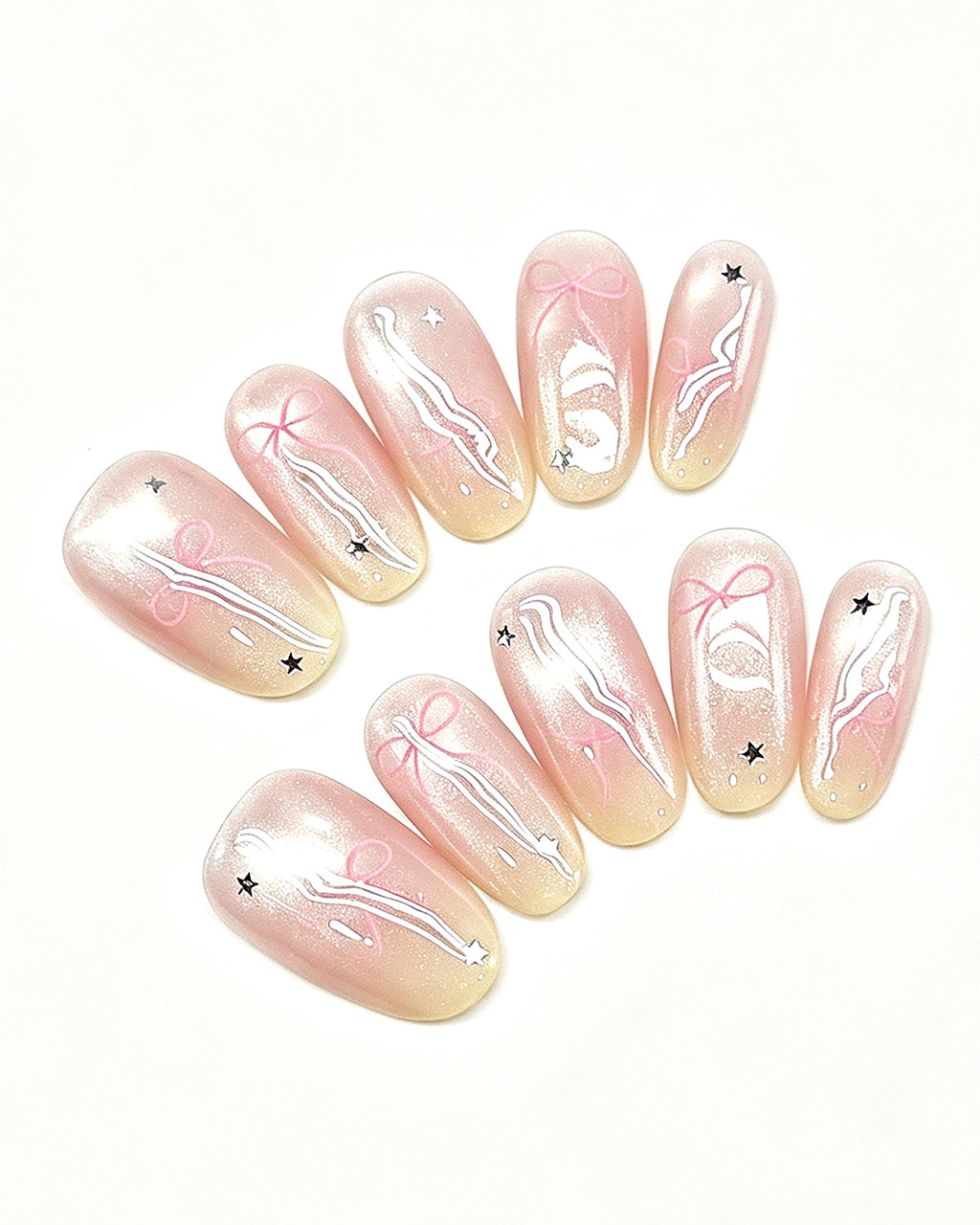 Soft Peach Blush Crystal — press-on nail set, full set view