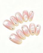 Soft Peach Blush Crystal — press-on nail set, full set view