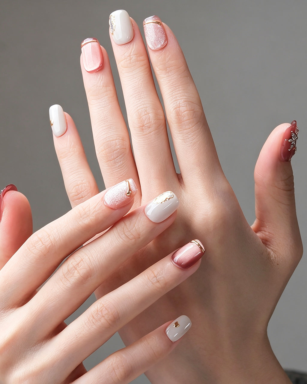 Strawberry Sweetheart — press-on nails worn on hand, alternate angle