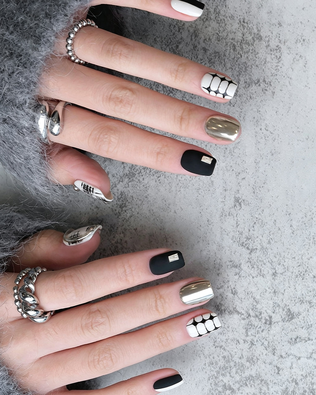 Black and White Tweed — pink press-on nail set, product detail view