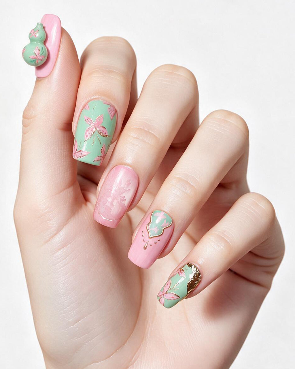 Blessing & Prosperity — press-on nails worn on hand, close view