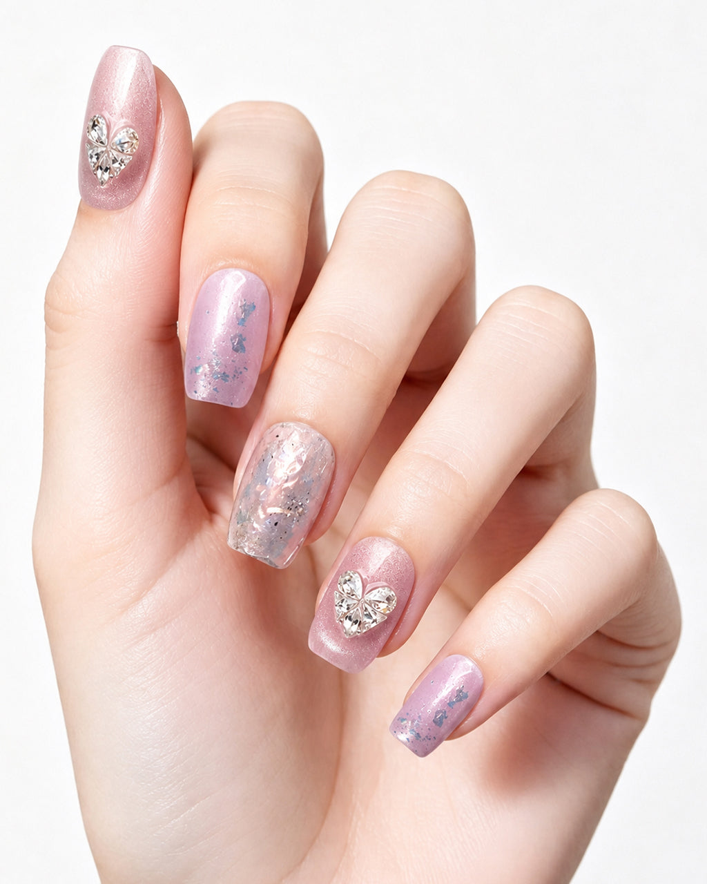 Lavender Lilac Cat Eye — press-on nails worn on hand, close view