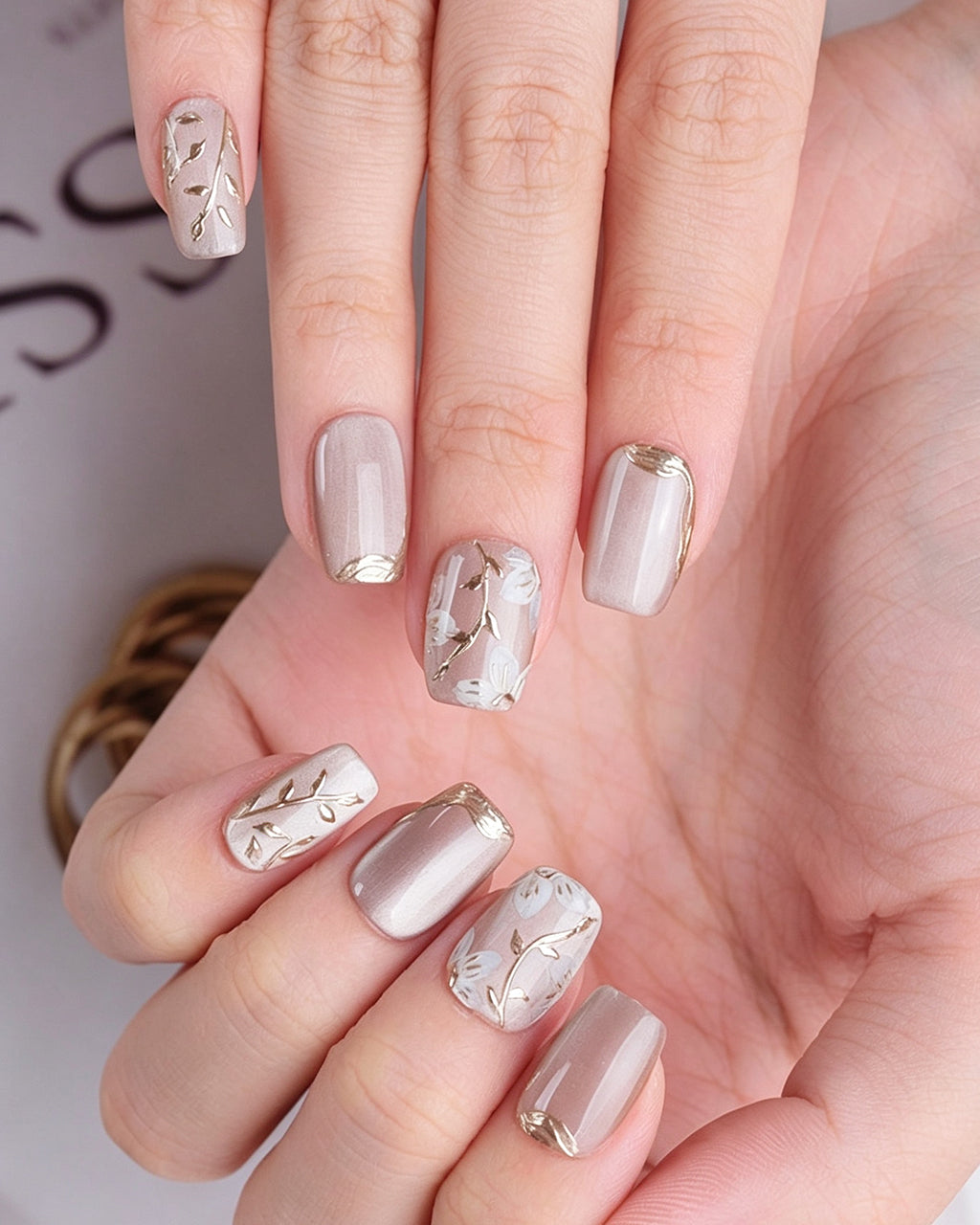Ice Flower — press-on nails worn on hand, alternate angle