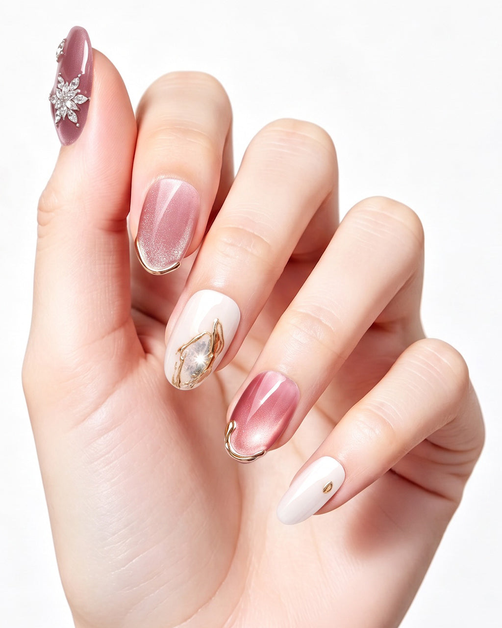 Strawberry Sweetheart — press-on nails worn on hand, close view