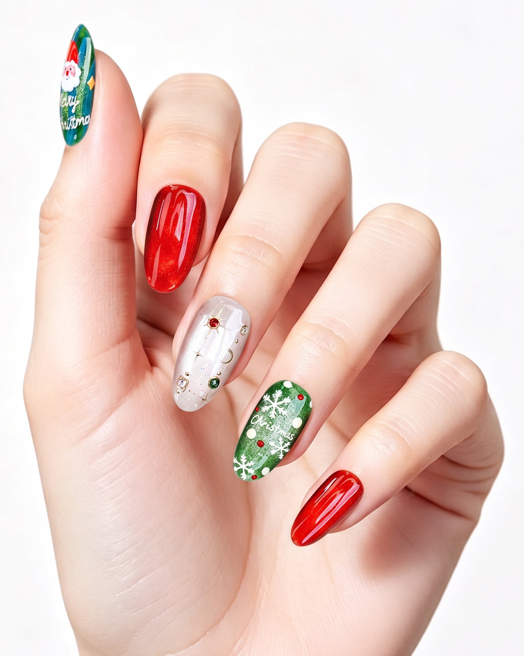 Christmas — press-on nails worn on hand, close view