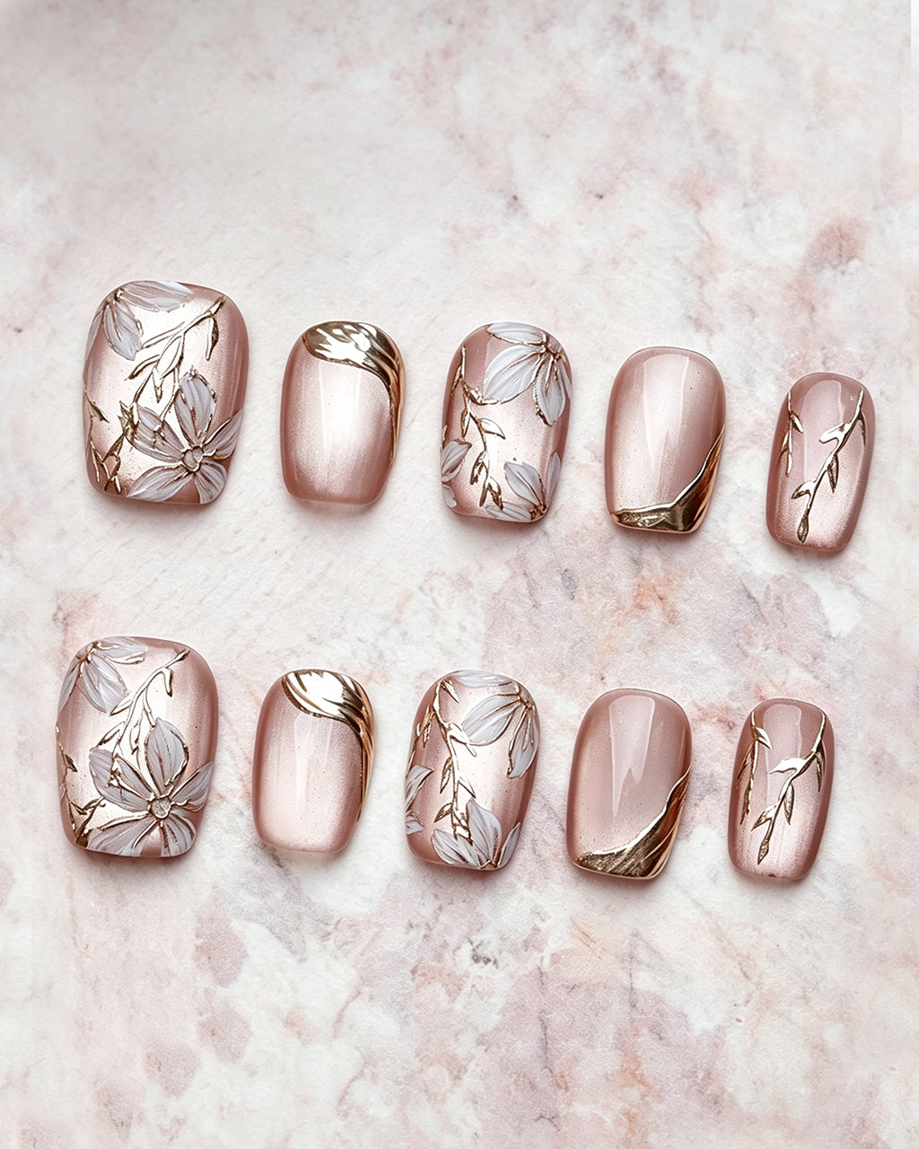 Ice Flower — pink press-on nail set, full set, styled arrangement