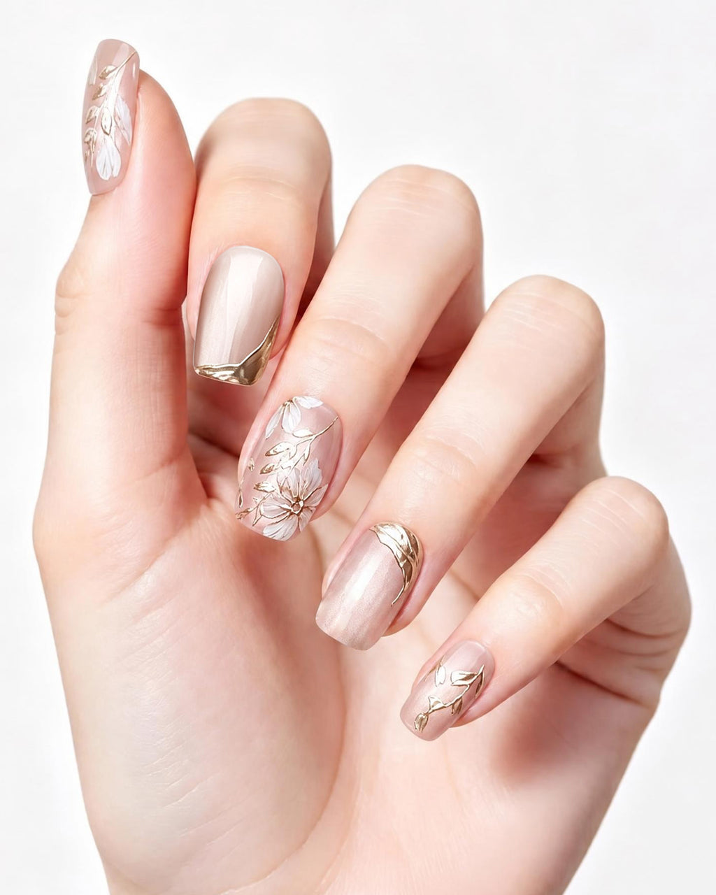 Ice Flower — press-on nails worn on hand, close view